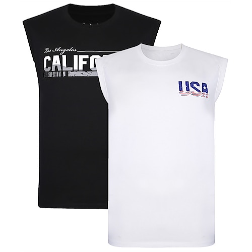 Bigdude Ärmelloses T-Shirt mit USA-Print, 2er-Pack, Schwarz/Weiß